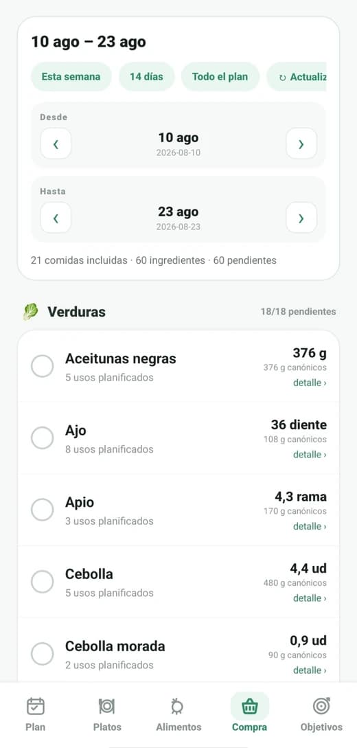 Lista de compra de Nutri Hub en móvil